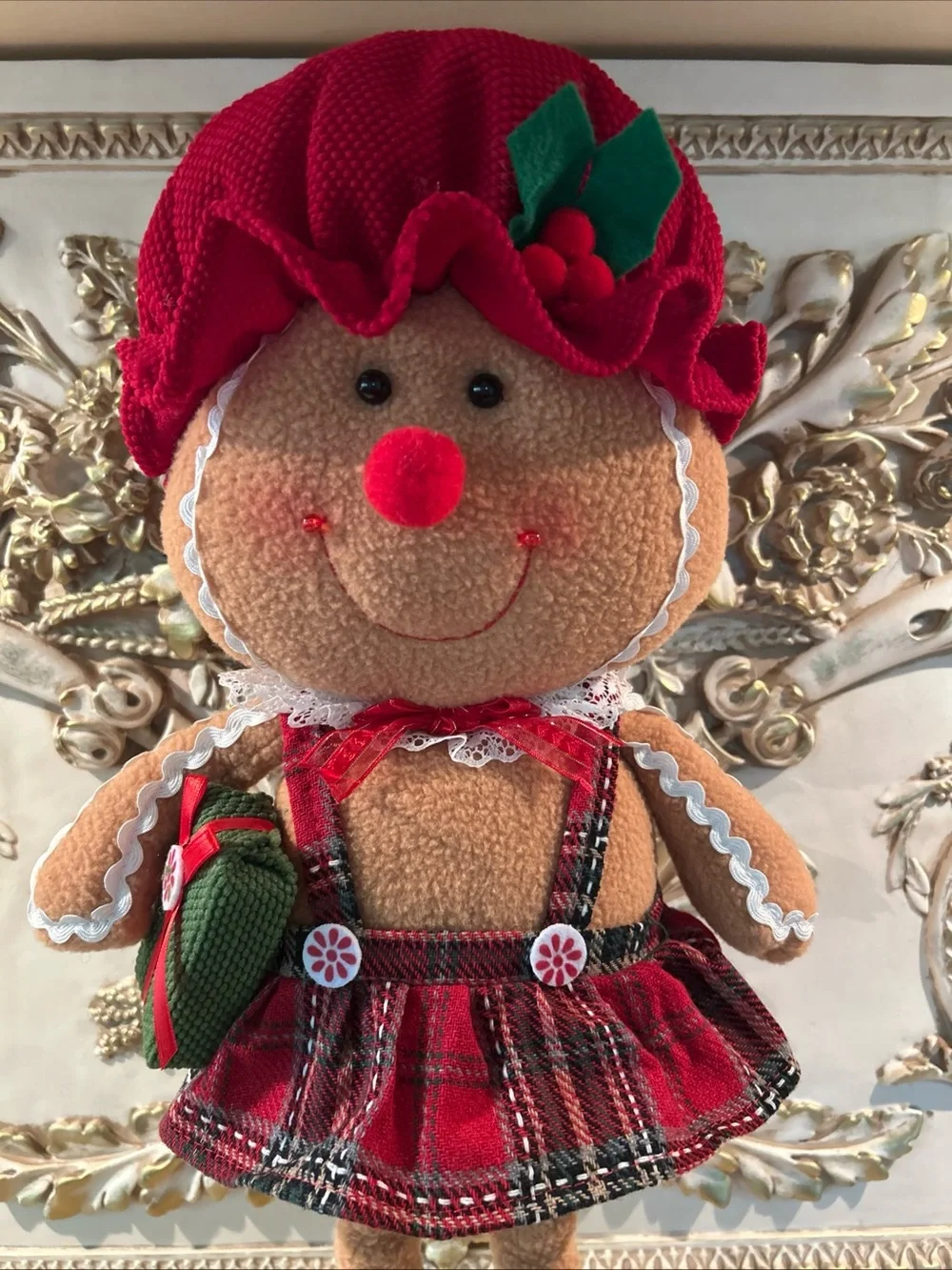 NWT Holiday Gingerbread Doll Plush - Red Hat and Plaid Dress 30”